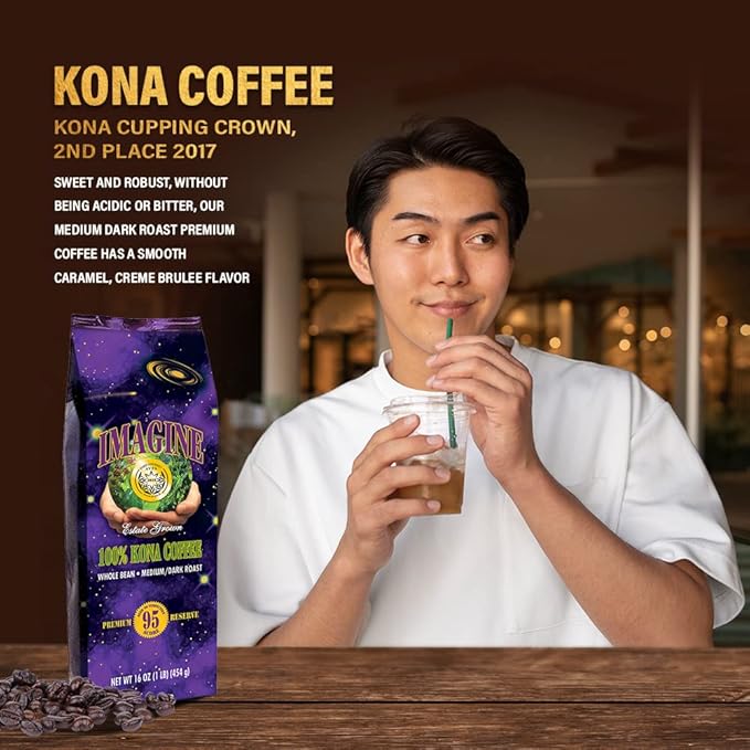 Imagine Kona Organic Coffee Beans | Arabica Kona Beans | Top Grade Air Roasted | Medium Dark Roast | Organic Whole Bean - 16oz