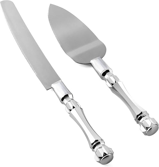 Cake Knife and Server Set, Cake Cutter and Pie Spatula, Cake Server and Knife Set with Acrylic Crystal Handles, Cake Cutting Set for Wedding Cake ??1.2mm Thick Blades, Birthdays, and Parties (Silver)