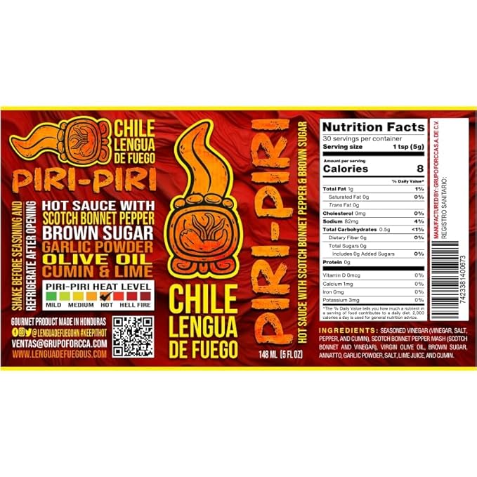 Hot Sauce | Chile Lengua de Fuego (Pack of 2, Piri Piri) – Medium Heat Gourmet Sauce with Scotch Bonnet, Lemon, Garlic & Annatto, Portuguese-Style Hot Sauce