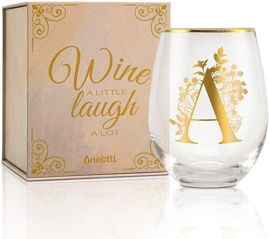 Onebttl Unique Stemless Wine Glasses, Initial Wine Cup for Red or White Wine - 18oz, Monogrammed, Gold - for Women, Girls, Female, Her, Friends, Coworkers, Clients - for Birthday, Christmas