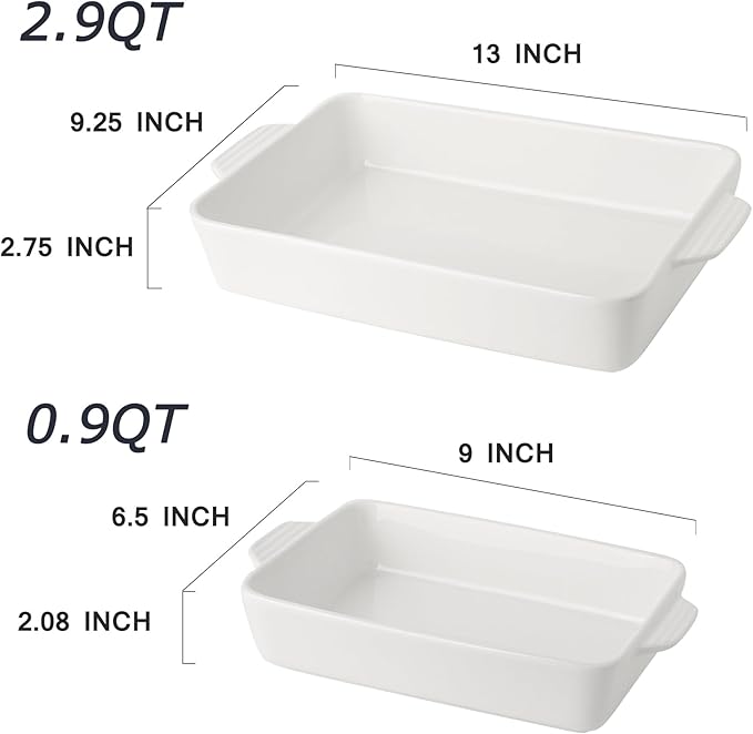 Ceramic Baking Casserole Dish with Handles, Large 9x13 inch Pan and Middle Baking Pan - Porcelain Serving Bakeware Set (White)