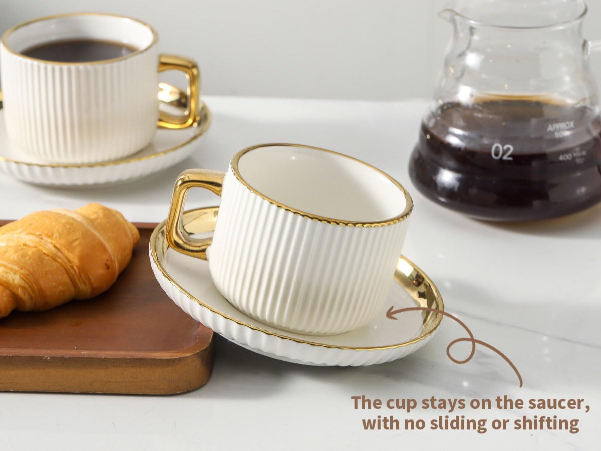 LETAOTAO Cappuccino Cups with Saucers, 8oz Ceramic Coffee Cups with Saucers Set, Latte Art Coffee