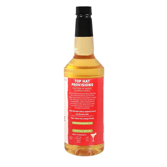 Top Hat Spicy Agave Nectar - Made with 100% Organic Agave Nectar, Hatch Chile & Jalape챰o - Lower Calorie Hot Agave Syrup Sweetener for Margaritas, Cocktails, Mocktails, Lemonades, Soda, Coffee, Tea & Desserts - 32oz Bottle