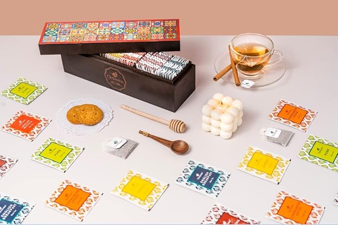 Octavius | Tile Motif Wooden Caddy Tea Sampler Pack | Assortment of 3 Black & 3 Green Teas | 30 Enveloped Double Chamber Tea Bags | Tea Sampler Variety Pack | Perfect for Tea Lovers | Pack of 1