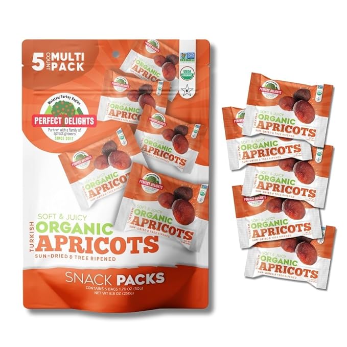 Perfect Delights Organic Snack Pack Apricot, Sun-Dried Turkish Apricots, On-the-Go Vegan, Healthy Snack, Easy-to-Carry Dried Apricots, Perfect for Kids & Adults 5 Pack (1.76 oz each)