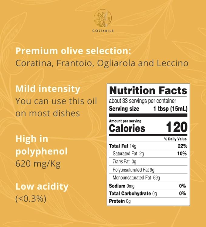Orange Infused Olive Oil Extra Virgin from Puglia, Italy. Organic Olive Oil Infused with Natural Orange. For salad dressing, baking and cooking - COSTABILE 16.9 Fl.Oz