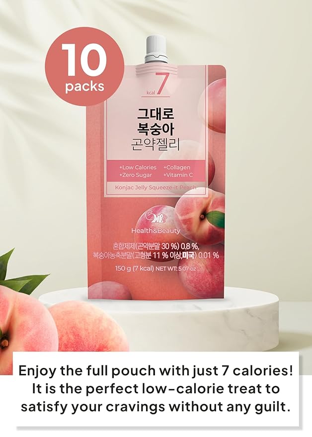 Korean Food Low Calories Squeeze Konjac Jelly, Peach Flavor, Fish Collagen, Vitamin, Zero Sugar, Chewier Texture, Health&Beauty (Net WT 5.07 oz, Pack of 10) ?¨ㅼë¹??»━