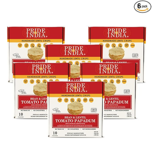 Pride Of India | Tomato Papadum, Pack of 6-10 Count Box (3.53oz - 100gm) | Protein Fiber & Iron Rich, Gluten-Free Vegan Lentil Crackers, Healthy Indian Appetizer | Microwaveable & Ready in Seconds