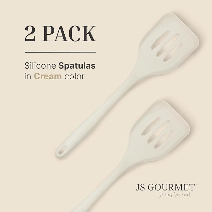 Silicone Slotted Turner Set – 2-Piece Set of Turner Spatulas for Eggs and Pancakes – Kitchen Tools and Accessories with Comfortable Handles, Heat-Resistant Utensils for Cooking & Baking – Cream