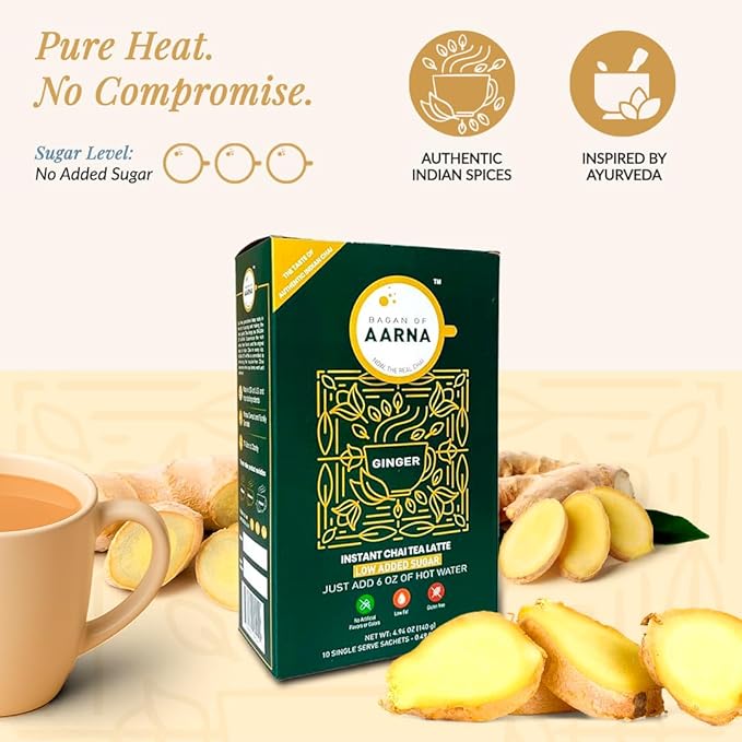 Aarna Instant Ginger Chai, Spiced Tea Powder Mix, All Natural Authentic Chai, Makes 10 Cups (No Sugar)