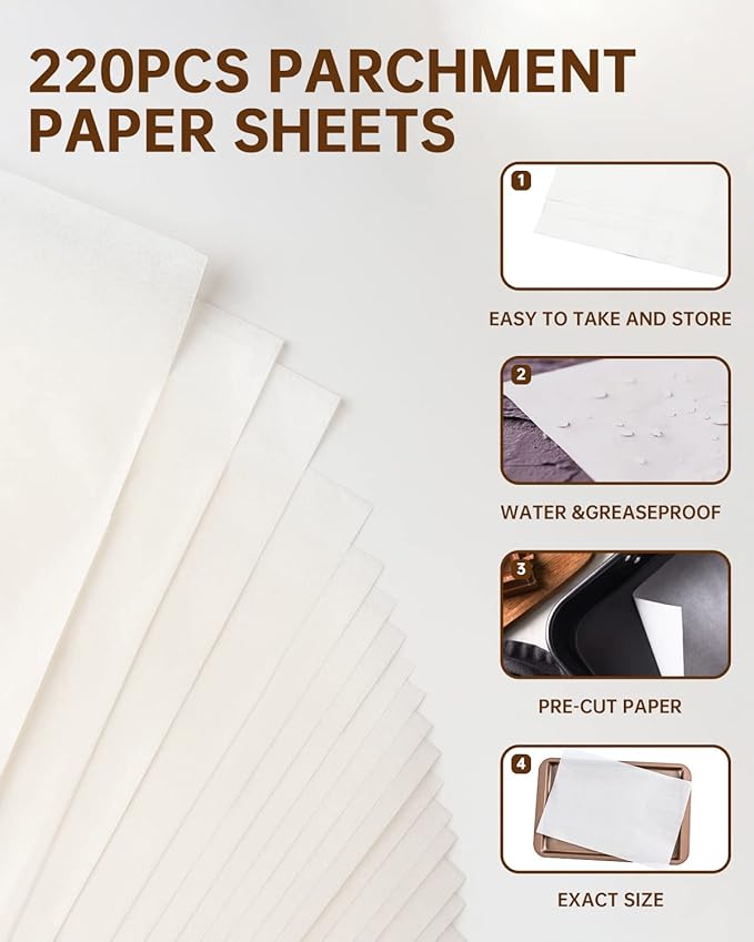 220 Pcs 9x13 In Parchment Paper Sheets, Baklicious Pre-Cut Non-Stick Parchment Baking Paper for Air Fryer, Oven, Bakeware, Steaming, Cooking Bread, Cupcake, Meat, Cookies