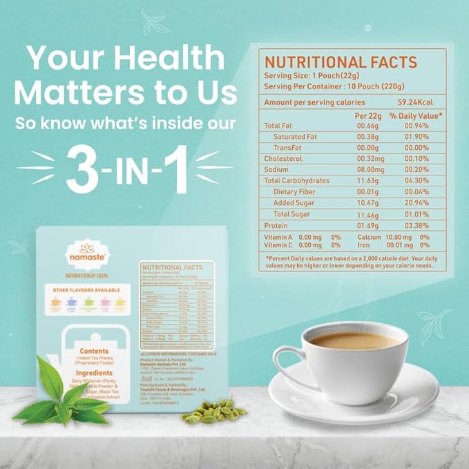 Namaste Chai Instant Tea Premix, Cardamom Chai | Value Pack | Assam Tea | Ready Mix (22g x 10 Sachets, Powder)