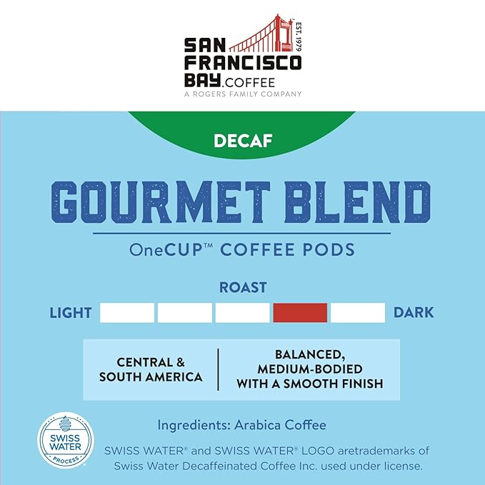 San Francisco Bay Coffee - Decaf Medium-Dark Roast - Decaf Gourmet Blend (80 ct) - Single Serve Coffee Pods, Swiss Water Processed, Commercially Compostable, K Cup Compatible