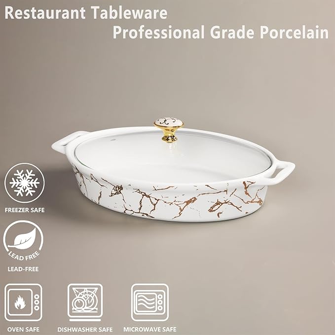 12" x 8" Ceramic Casserole Baking Dish With Glass Cover, Lasagna Pan Deep for Oven, 1.7 Quarts Baking Pan with Handles, Oven Safe & Durable Bakeware for Home Decor