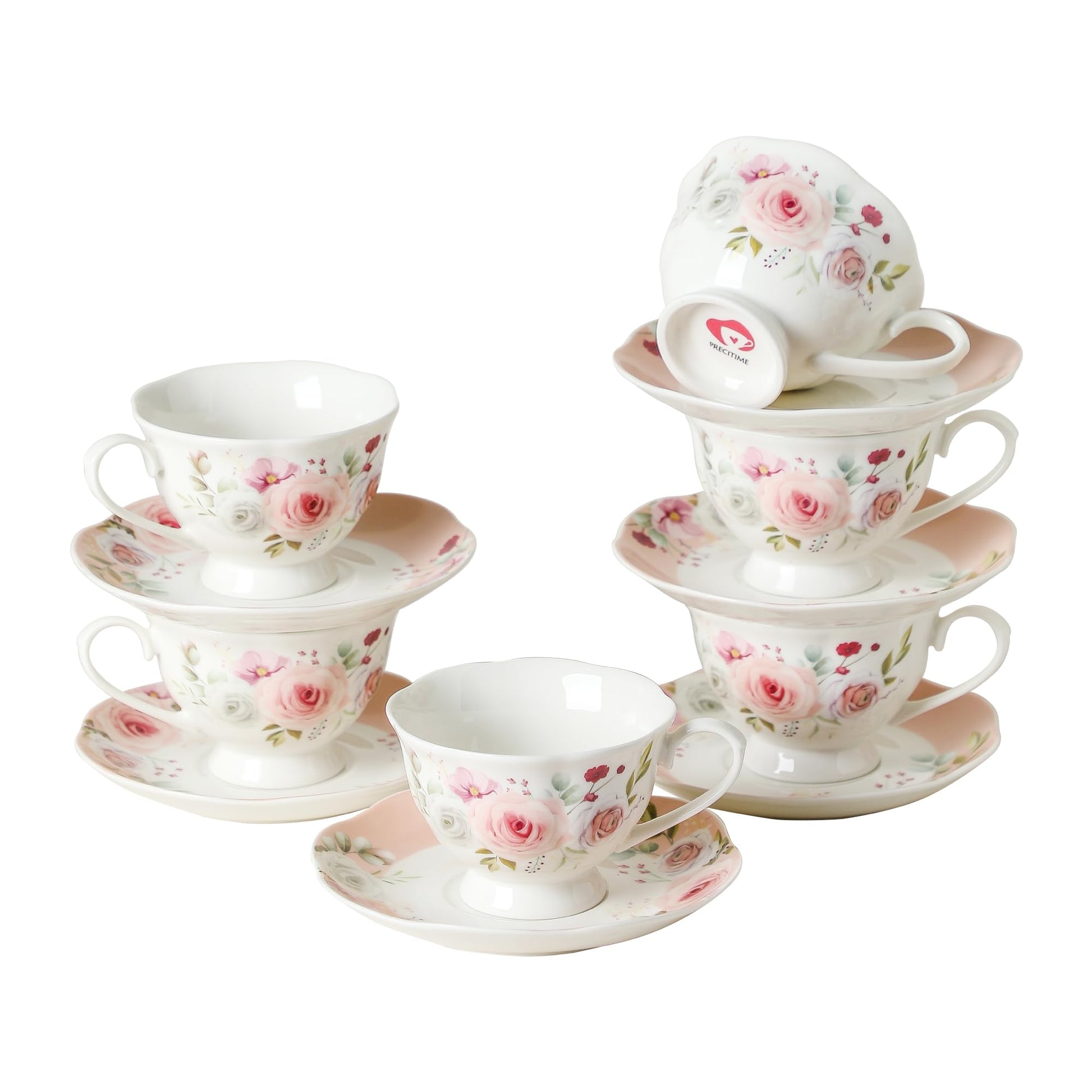 PRECITIME 6oz Floral Porcelain Tea Cup & Saucer Set of 6, Pink Rose, Party