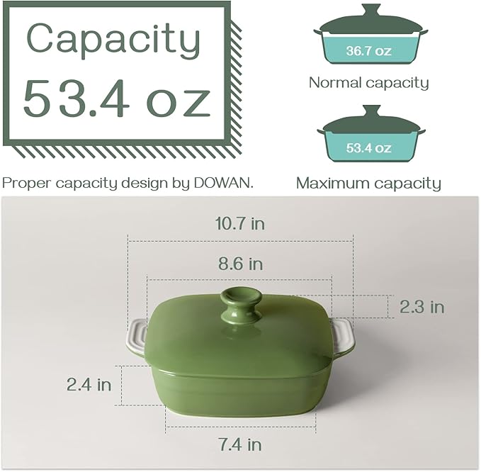 DOWAN Casseroles dish with lids, Ceramic Baking Dish With Lid, Casserole Dishes for oven, 1.6 Quarts Bakeware With Handle Oven Safe for Cooking, Dinner, Home Gift, 8 x 8 Inches, Green
