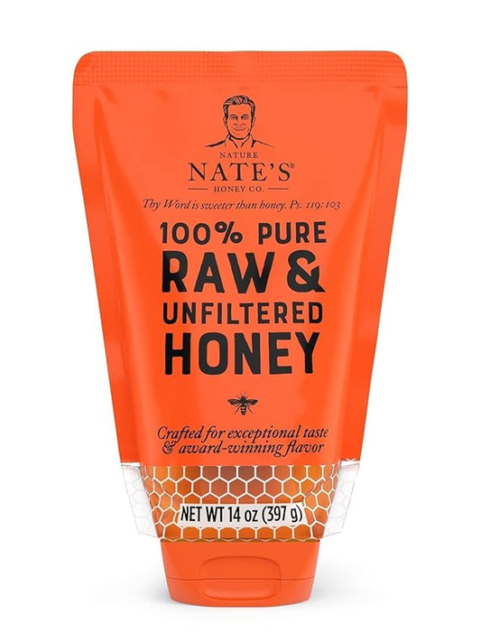 Nate's 100% Pure, Raw & Unfiltered Honey, No-Drip Sustainable Squeeze Pouch; Purity Guarantee, No Additives, 14 Ounce