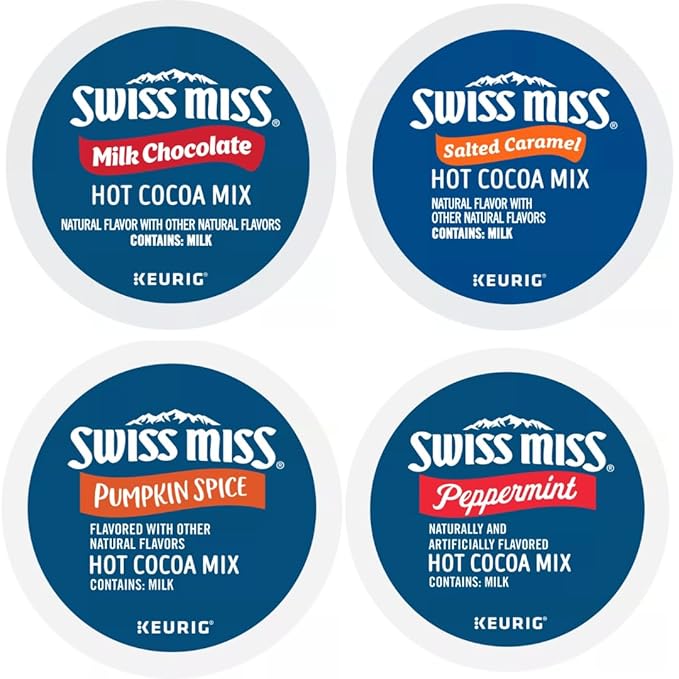 Swiss Miss Hot Chocolate K-Cups Variety Pack Sampler. All the Top Cocoa Flavors in One Box. Includes Milk Chocolate, Peppermint, Salted Caramel, and Pumpkin Spice. 24 Count
