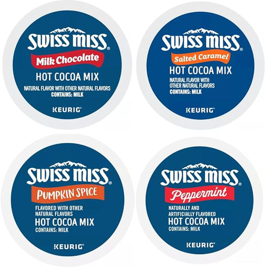Swiss Miss Hot Chocolate K-Cups Variety Pack Sampler. All the Top Cocoa Flavors in One Box. Includes Milk Chocolate, Peppermint, Salted Caramel, and Pumpkin Spice. 24 Count