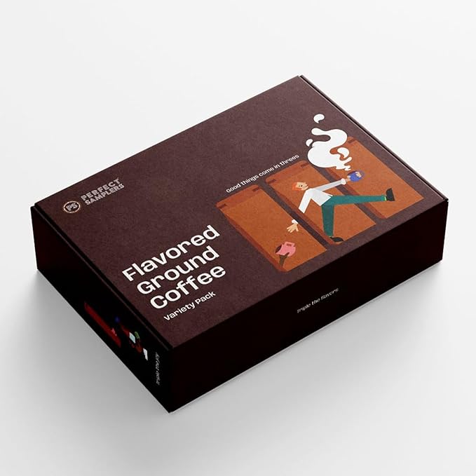 Perfect Samplers Flavored Ground Coffee Gift Box Variety Pack, Snickers, Baileys Hazelnut, French Vanilla, Medium Roast Ground Coffee Sampler, 3 Pack