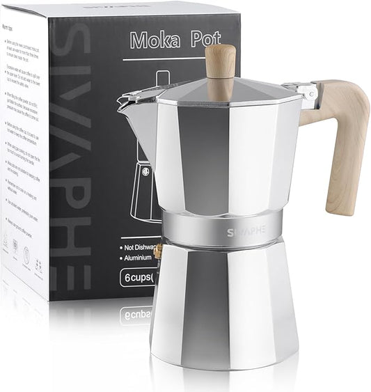 Sivaphe Aluminum Moka Pot 6 Espresso Cups, Percolator Espresso and Coffee Maker, Portable Stovetop Italian and Cuban Cafì±?Brewer for Home and Camping Sliver