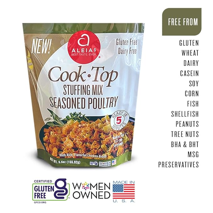 Aleia?셲 Gluten Free Cook Top Stuffing Mix Seasoned Poultry - 5.5 oz / 3 Pack ??Rich, flavorful Taste, Ready in 5 minutes, Stuffing for Gluten Free Recipes, Gluten-free