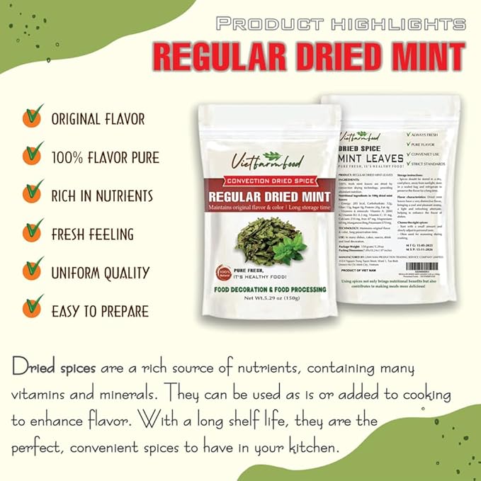 REGULAR DRIED MINT 5.29 Oz (150g) VIETFARMFOOD: Natural pure, convection dried seasoning made from real vegetables - perfect for adding flavor to any meal, from cooking, baking, salads, soups, sauces