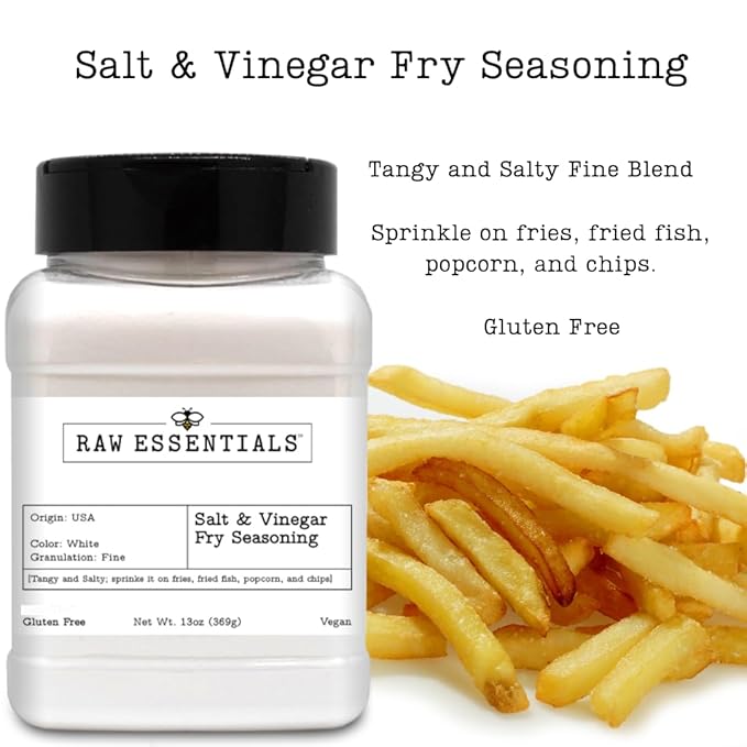 Raw Essentials Salt and Vinegar Fry Seasoning, Gourmet Fries Seasoning - Great on Fries, Fried Fish, Popcorn, and Chips - Tangy and Salty - Gluten Free and Vegan
