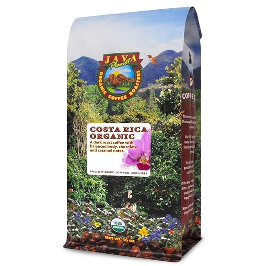 Low Acid Organic Coffee ??Whole Bean, Mold-Free & Stomach Friendly by Java Planet, Costa Rican Single Origin Coffee, Dark Roast, Smooth Full Flavored, 1LB Bag