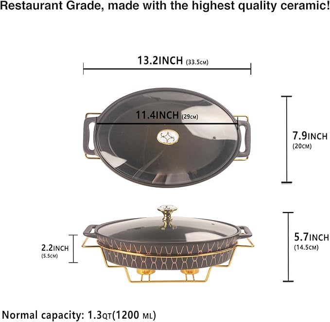 11" x 7.5" Ceramic Oval Casserole Dish with Glass Lid and rack, 40 OZ Serving Soup Tureen,Chafing Dish for Buffet, Family Food preserve Tray, Catering Casserole for Party Style, Black