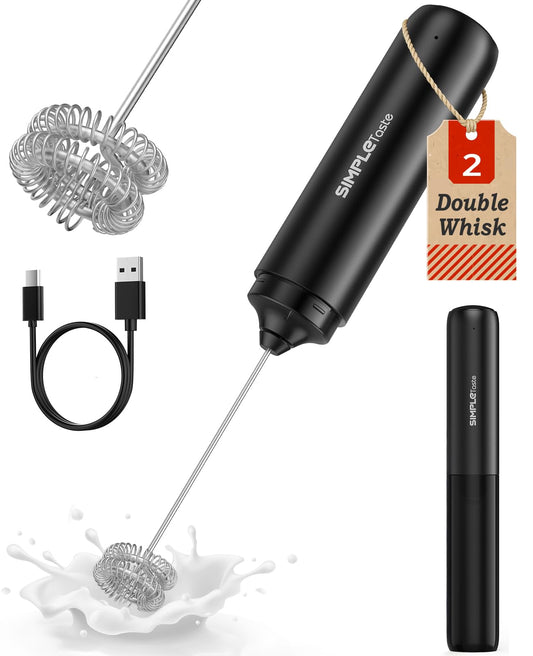 SIMPLETASTE Rechargeable Milk Frother Handheld Dual Coil Whisk Head Mixer