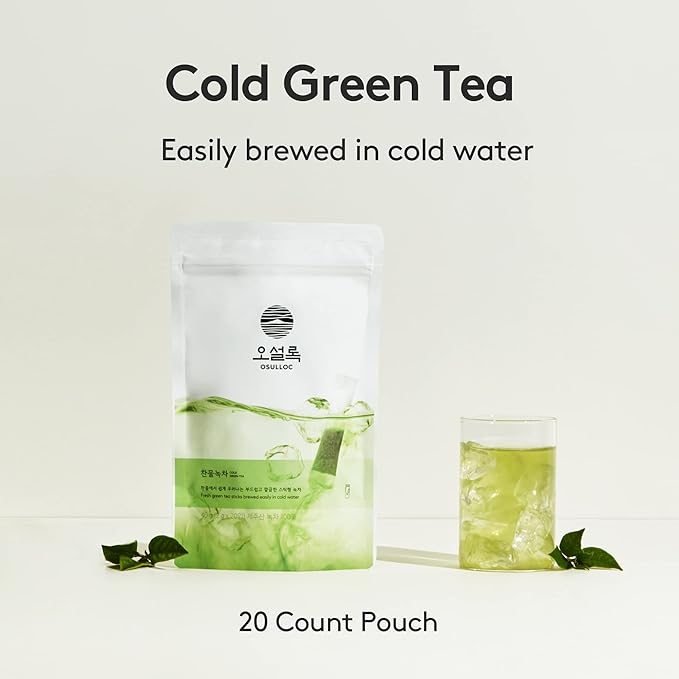 OSULLOC Cold Green Tea, Stick-Type in Pouch Package, Premium Organic Pure Tea from Jeju, 20 count, 1.41 oz, 40g