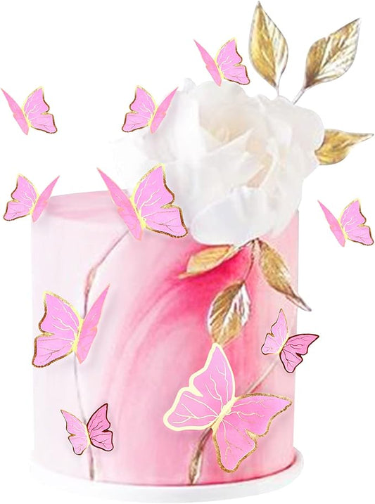 30pcs Pink Gold Edge Mixed Size Lively 3D Waterproof Butterfly Cupcake Topper for Girls Women's Happy Birthday Wedding Party Cake Wall Party Food Decorations