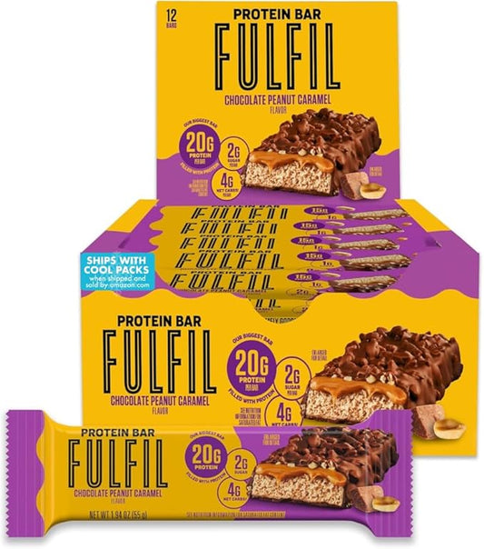 FULFIL Protein Bars, Chocolate Peanut Caramel Flavored, Gluten Free with 20g Protein, Pantry Staples, 12 Count
