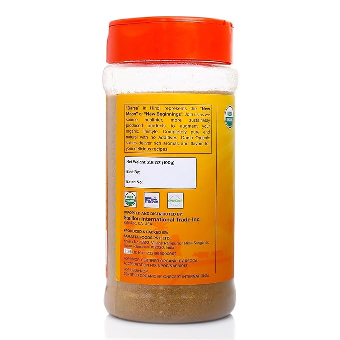 Darsa Organics Ground Cumin Powder 3.5 oz - Premium Grade USDA Organic Certified Cumin Spice from India, Ideal for Curries, Stews and Taco Seasoning, Non-GMO, Gluten Free, Kosher, Vegan