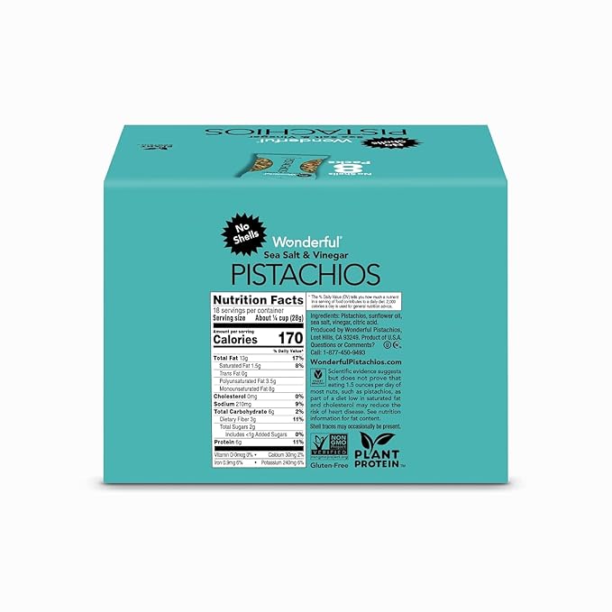Wonderful Pistachios No Shells, Sea Salt & Vinegar Flavored Nuts, 2.25 Ounce Bag (Pack of 8), Protein Snacks, Gluten Free Snacks for Adults