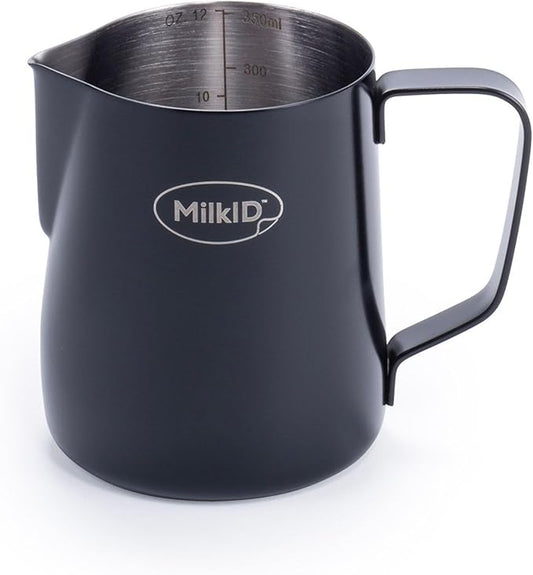 Stainless Steel Milk Frothing Pitcher | Compatible with MilkID Labeling System | Espresso Accessories Kit | Barista Tools | Latte Art Pitcher (12oz / Black Pitcher Only)