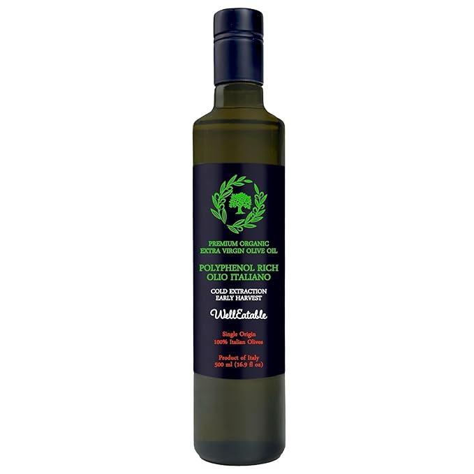 WellEatable Robust +1,200 mg/kg Polyphenol Rich Olio Italiano, New 2024-2025 Early Harvest Organic Extra Virgin Olive Oil from Italy, Lab Tested, Cold Extracted for Drinking and Finishing, 16.9 fl oz