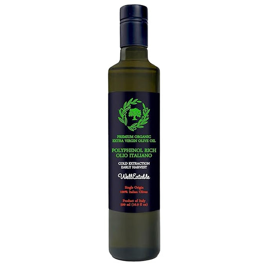 WellEatable Robust +1,200 mg/kg Polyphenol Rich Olio Italiano, New 2024-2025 Early Harvest Organic Extra Virgin Olive Oil from Italy, Lab Tested, Cold Extracted for Drinking and Finishing, 16.9 fl oz