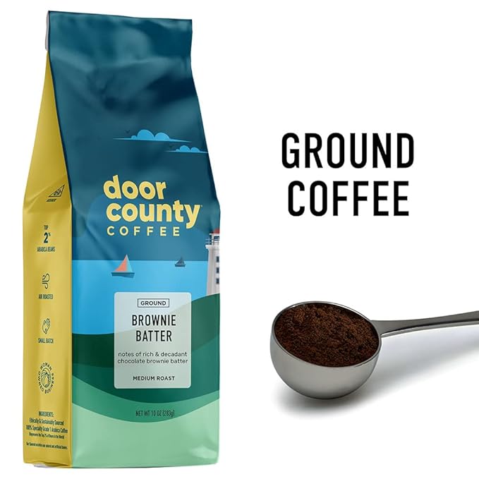 Door County Coffee Brownie Batter Flavored Ground - 10 oz Bag - Flavored Ground Medium Roast - 100% Specialty Arabica - Flavored Gourmet - Brownie Batter