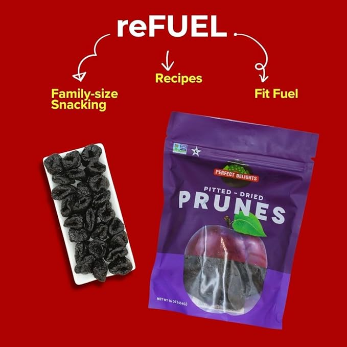 Perfect Delights Prunes, Vegan, Sun-Dried Pitted Prunes, Healthy Fruit Snack for Kids and Adults - Single Pack (16 oz)
