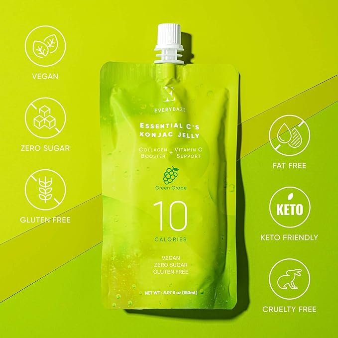 EVERYDAZE Essential C?셲 Konjac Jelly | Green Grape | Vegan Collagen Peptides and Vitamin C | Gluten Free, Sugar Free, Low Calorie | Healthy Drinkable Fruit Snack | 10 Pack Box Food Drink Pouch