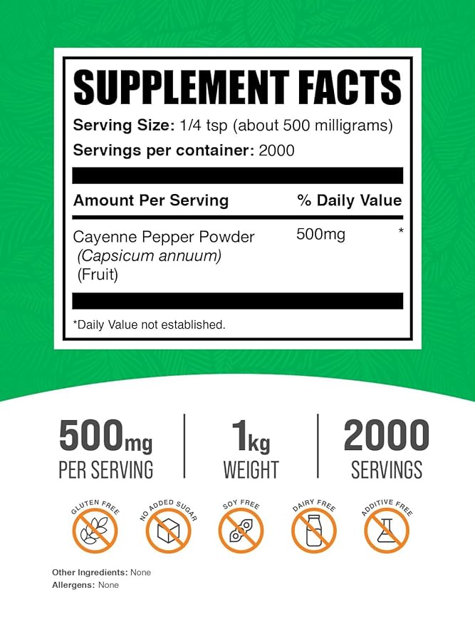 BulkSupplements.com Cayenne Pepper 40000 HU Powder - Capsaicin Supplements, Cayenne Pepper Powder - Vegan & Gluten Free, 500mg per Serving, 1kg (2.2 lbs) (Pack of 1)