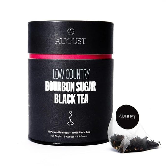 August Uncommon Low Country Bourbon Sugar Black Tea ??Vegan, Non-GMO Loose Tea Leaves ??Energize Your Day with Southern Wild Flavor in a Convenient Can with 15 Plastic-Free Bags
