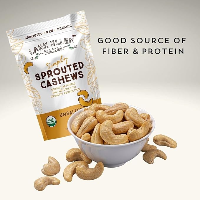 Lark Ellen Farm Unsalted Organic Raw Cashews, Sprouted, Air-Dried, Gluten-Free, Non-GMO, Vegan, Keto, Certified USDA, Peanut-Free Facility, Resealable Bag (10 oz, 3 pack)
