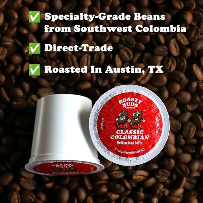 Roasty Buds Coffee Classic Colombian Pods 18 Count | Single-Serve 11g Per Pod | Recyclable, Gluten-Free, Non-GMO, No Sugar/Dairy/Soy/Egg (18 Count, Classic Colombian)