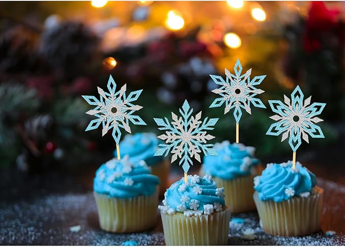 24PCS Glitter Snowflake Cupcake Toppers for Snowflake Decorations, Frozen Snowflake Cake Topper, Christmas Snowflake Cake Picks for Winter Decorations (Mix Blue)