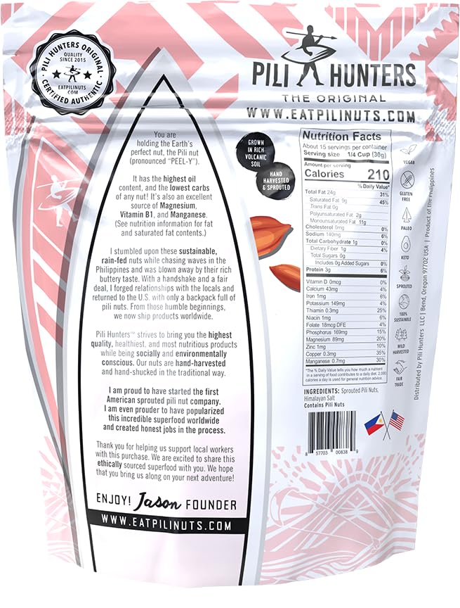 Pili Hunters - Wild Sprouted Pili Nuts, Himalayan Salt (1 lb Bag) Keto/Paleo/Vegan Snacks, Low Carb Energy, Gluten Free, No Sugar Added, Superfood, The Original
