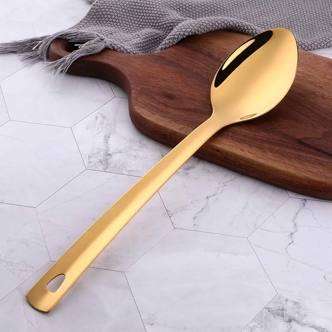 Stainless Steel Serving Spoons: Long Handle Flatware Set of 6 - Large Metal Kitchen Serving Tablespoons for Buffet Banquet 13-Inch Gold