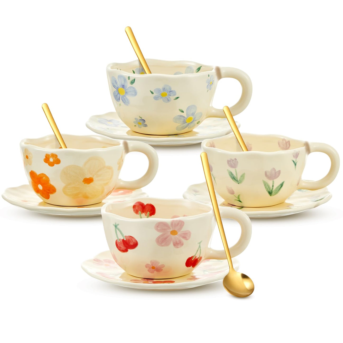 Vesici 4 Set Ceramic Coffee Mug Set with Saucer and Spoon Cute Mothers Day Gifts for Mom 8.5 oz
